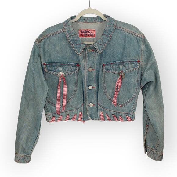 Vtg M/L HystericEtVous Crop Denim JeanJacket Western Gingham Red Cowgirl Light - Picture 2 of 14